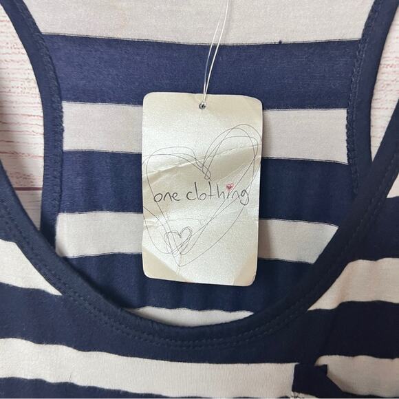 One Clothing Women's Sleeveless Racerback Striped Front Pocket Navy Stripe Dress - Picture 4 of 11